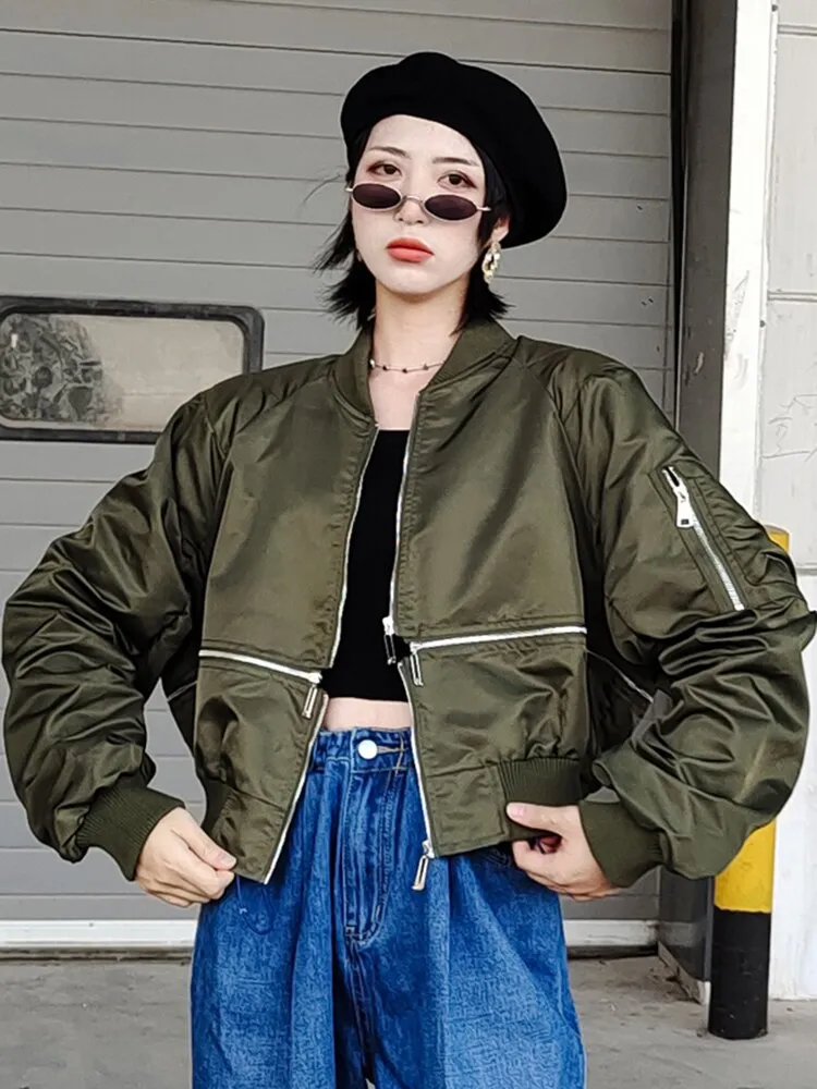 Patchwork Zipper Detachable Jackets For Women Round Neck Long Sleeve Loose Solid Streetwear Coat Female Fashion