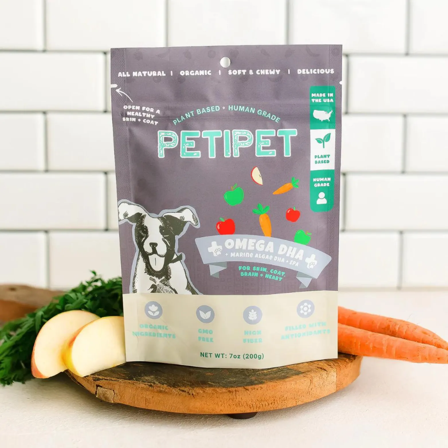 Petipet Omega DHA Bites with Marine Algae DHA   EPA Apple & Carrot Flavored Soft Chew Brain & Heart Health Supplement for Dogs, 7-oz bag