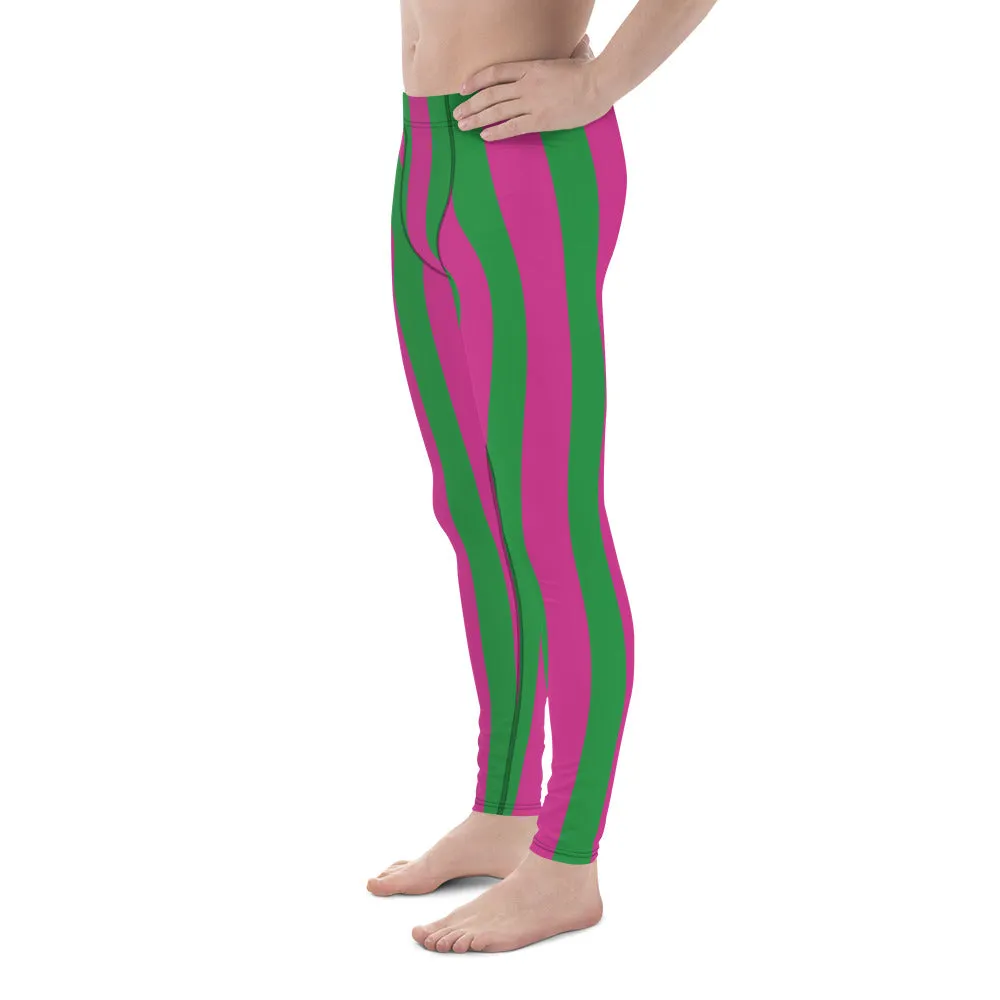 Pink Green Stripes Men's Leggings, Vertically Striped Meggings Running Tights-Made in USA/EU/MX