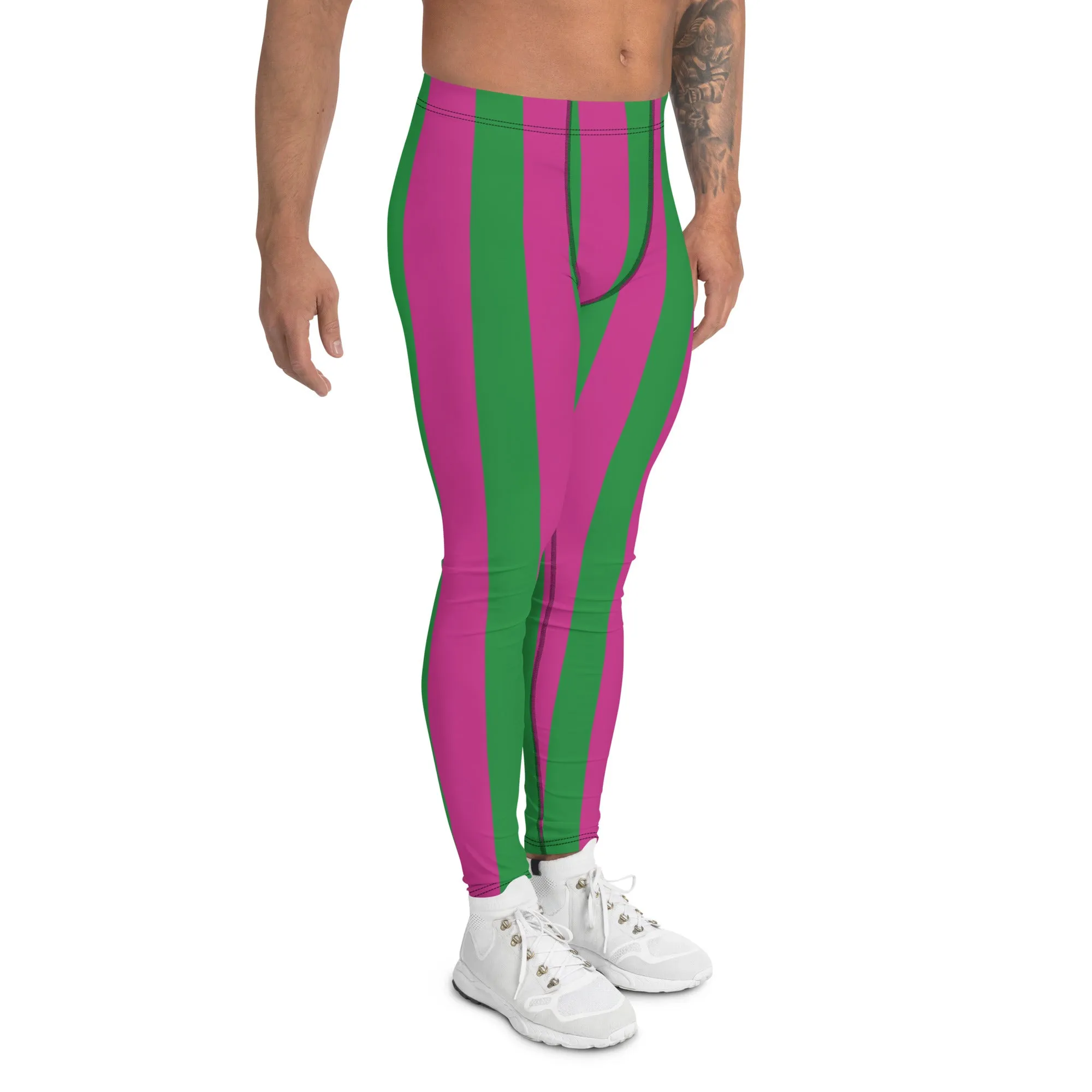 Pink Green Stripes Men's Leggings, Vertically Striped Meggings Running Tights-Made in USA/EU/MX