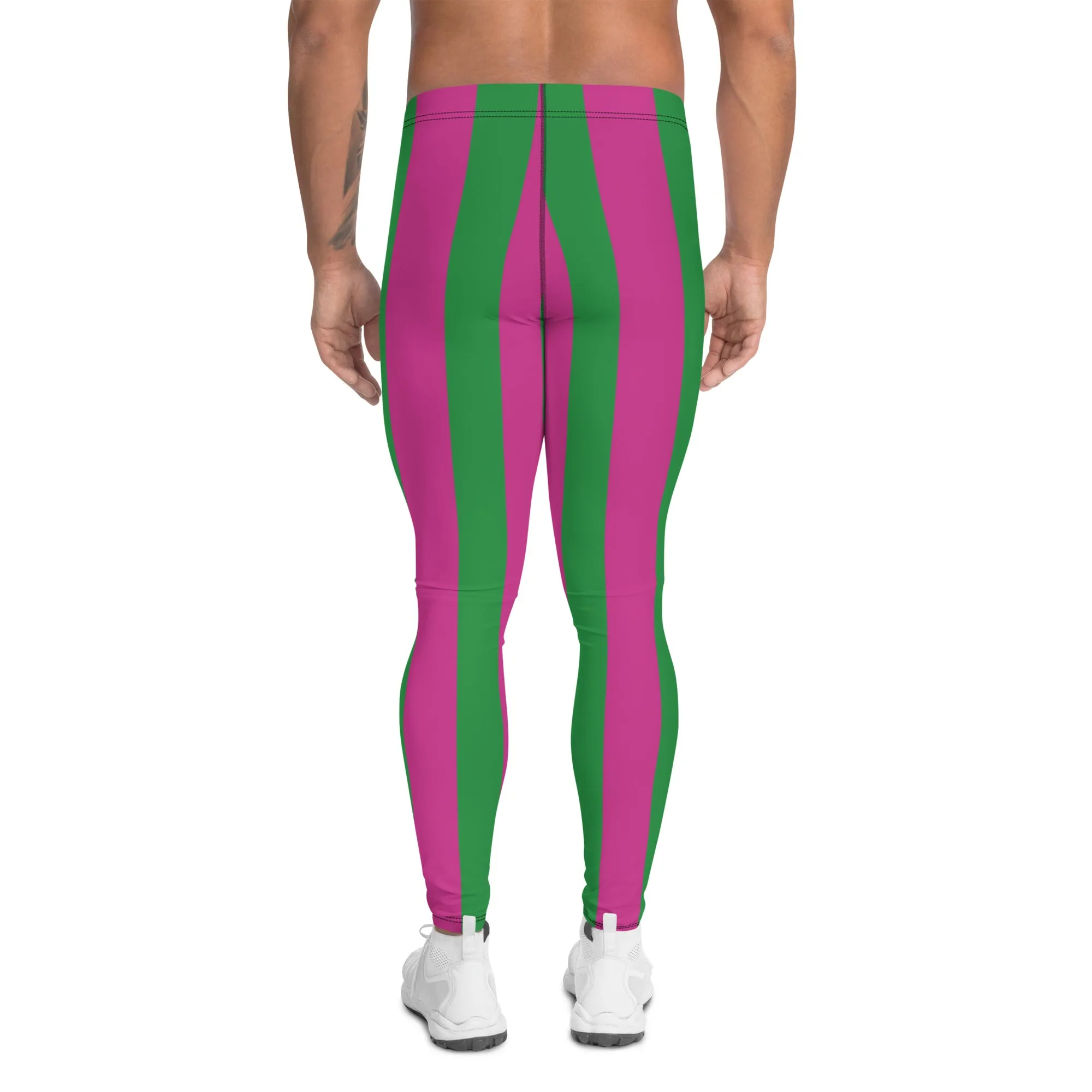 Pink Green Stripes Men's Leggings, Vertically Striped Meggings Running Tights-Made in USA/EU/MX