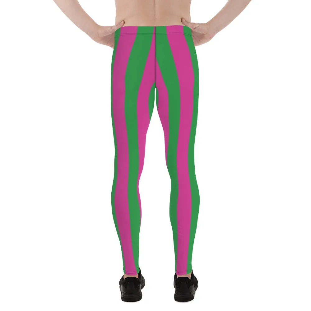 Pink Green Stripes Men's Leggings, Vertically Striped Meggings Running Tights-Made in USA/EU/MX