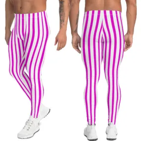 Pink Striped Men's Leggings, Vertical Stripes Modern Meggings Running Tights-Made in USA/EU