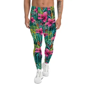 Pink Tropical Men's Leggings, Floral Print Compression Men Compression Tights-Made in USA/EU