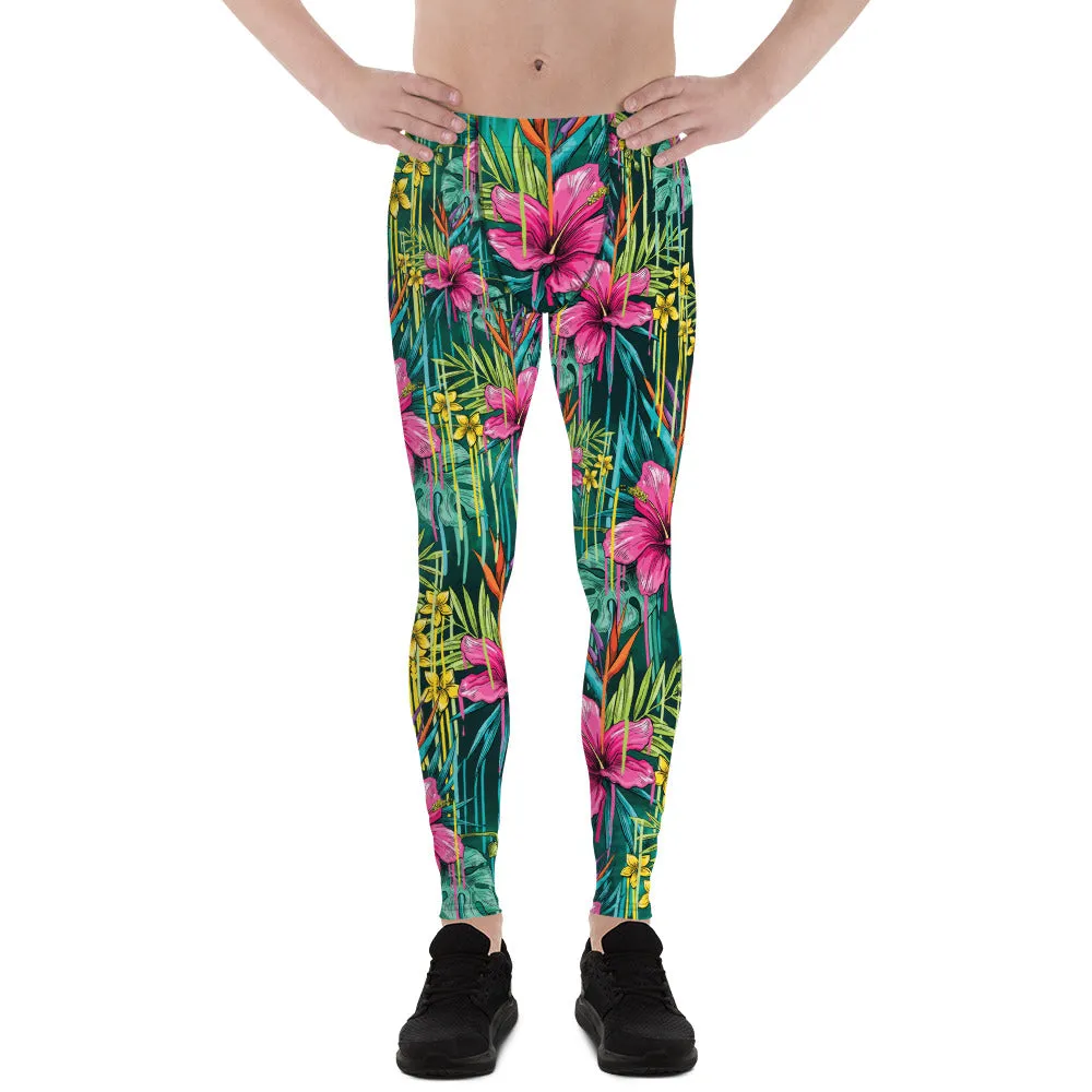 Pink Tropical Men's Leggings, Floral Print Compression Men Compression Tights-Made in USA/EU