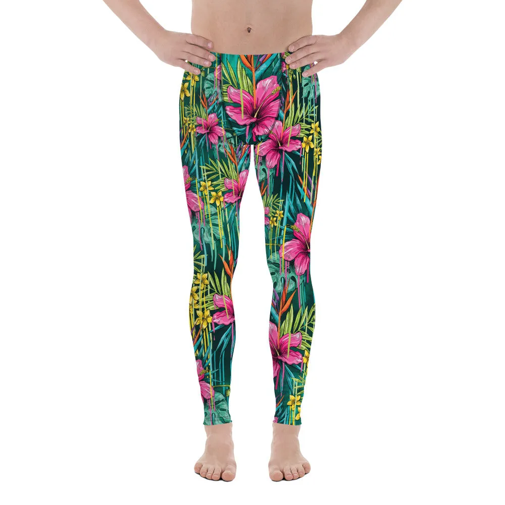 Pink Tropical Men's Leggings, Floral Print Compression Men Compression Tights-Made in USA/EU