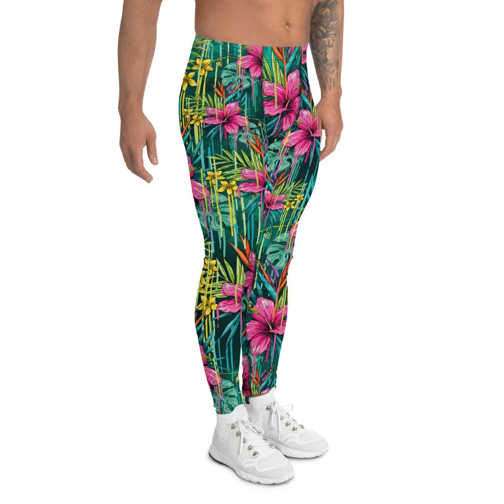 Pink Tropical Men's Leggings, Floral Print Compression Men Compression Tights-Made in USA/EU