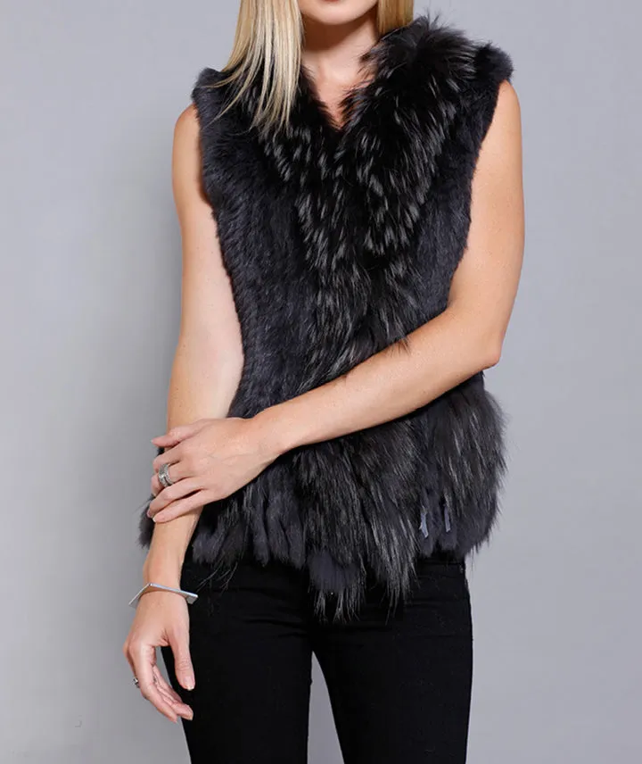 Rabbit Fur Vest with Raccoon Trim