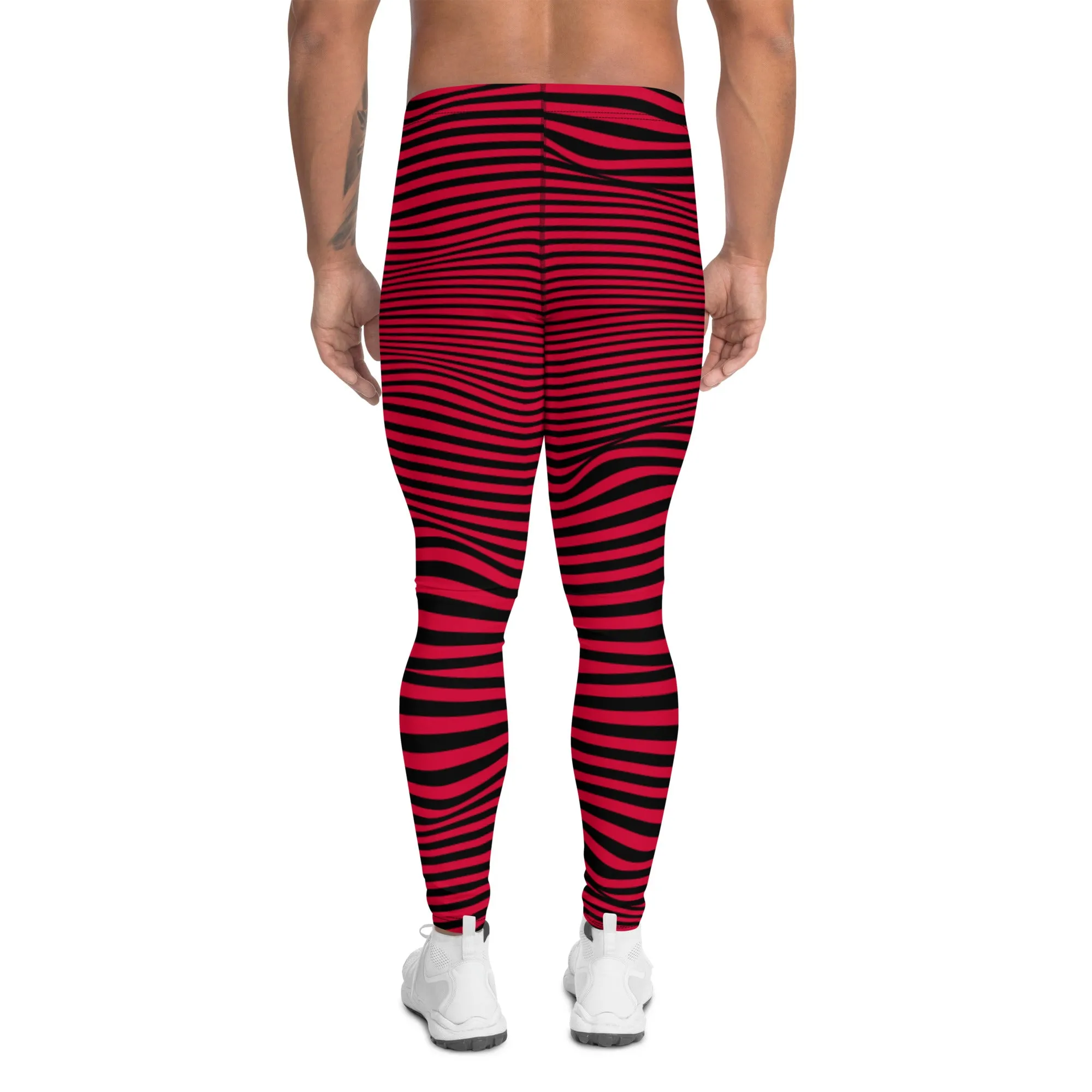 Red Black Meshed Men's Leggings, Striped Premium Meggings Compression Running Tights-Made in USA/EU/MX