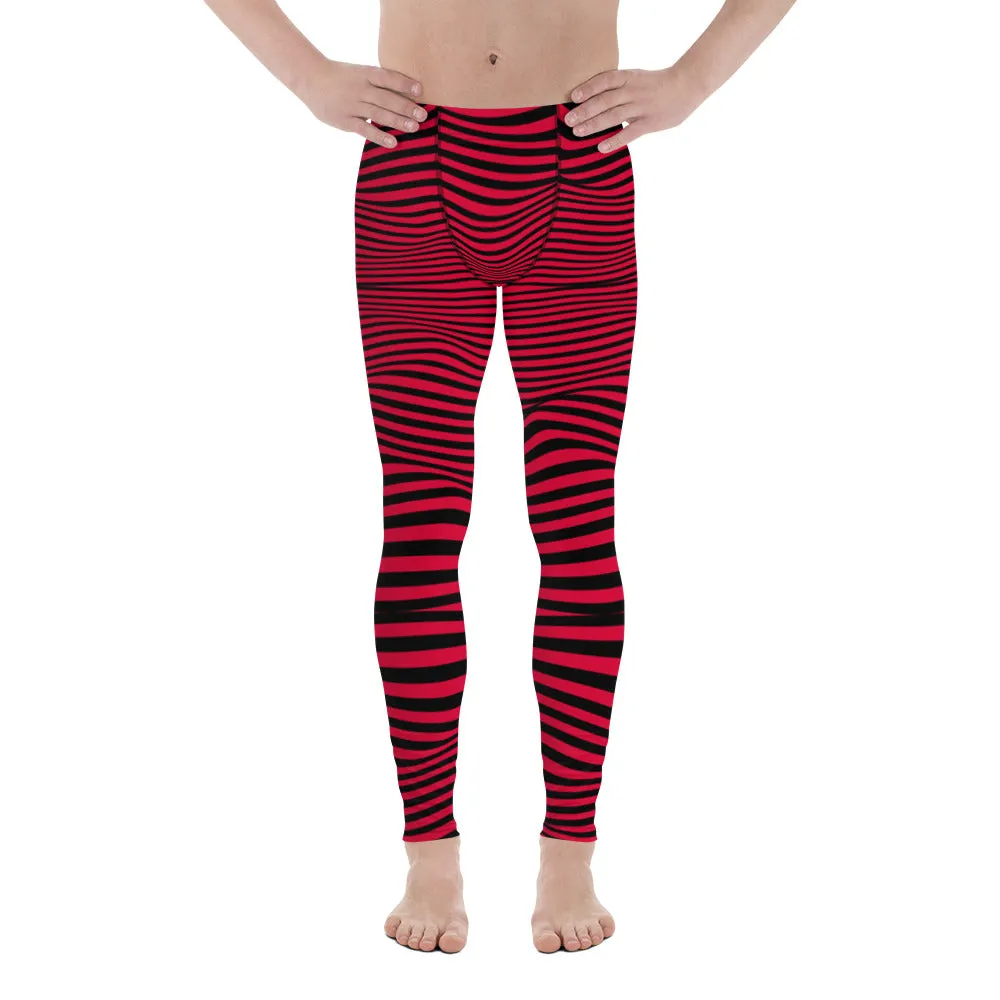 Red Black Meshed Men's Leggings, Striped Premium Meggings Compression Running Tights-Made in USA/EU/MX