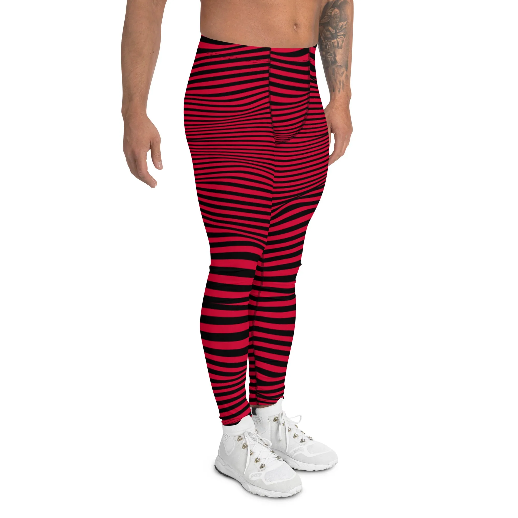 Red Black Meshed Men's Leggings, Striped Premium Meggings Compression Running Tights-Made in USA/EU/MX