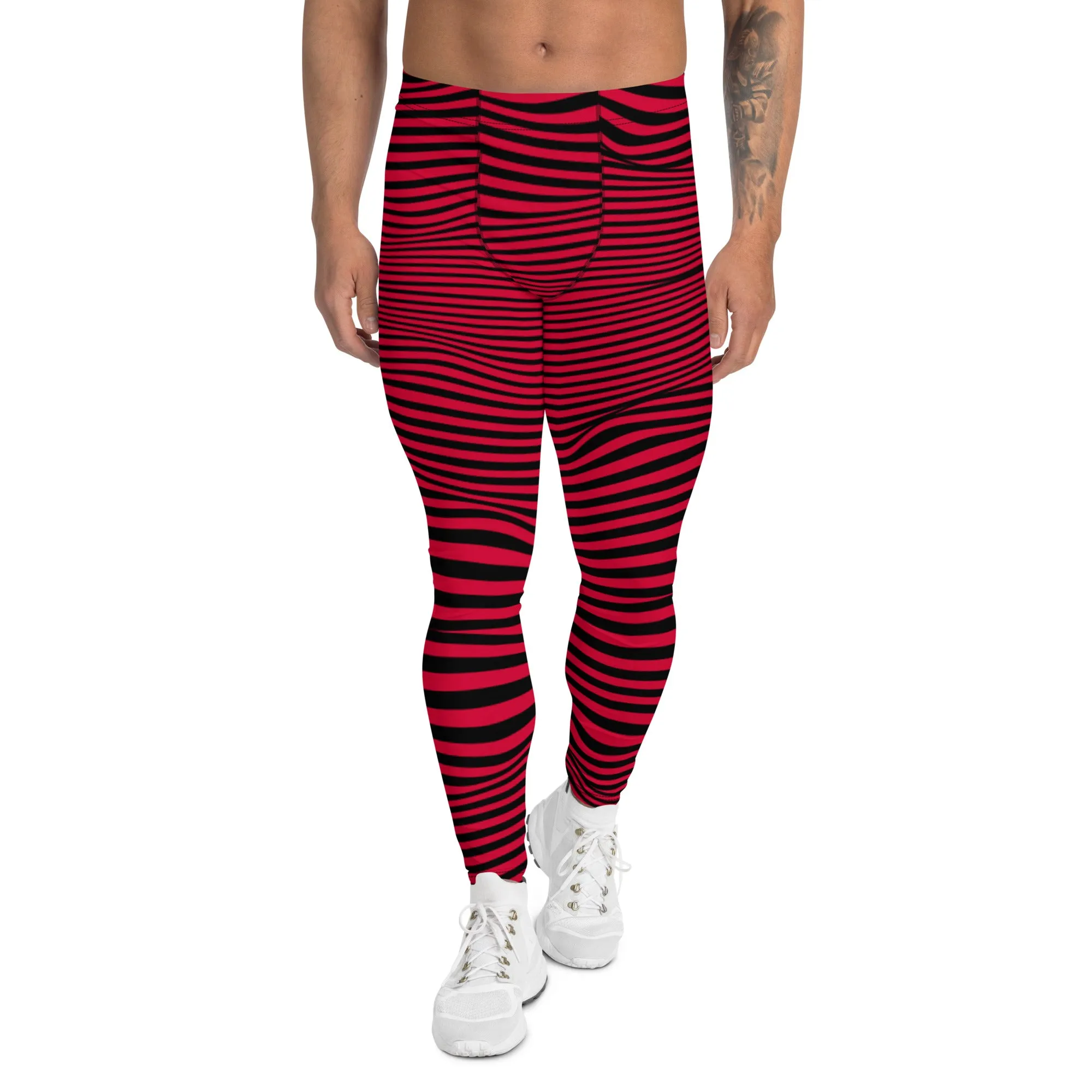 Red Black Meshed Men's Leggings, Striped Premium Meggings Compression Running Tights-Made in USA/EU/MX