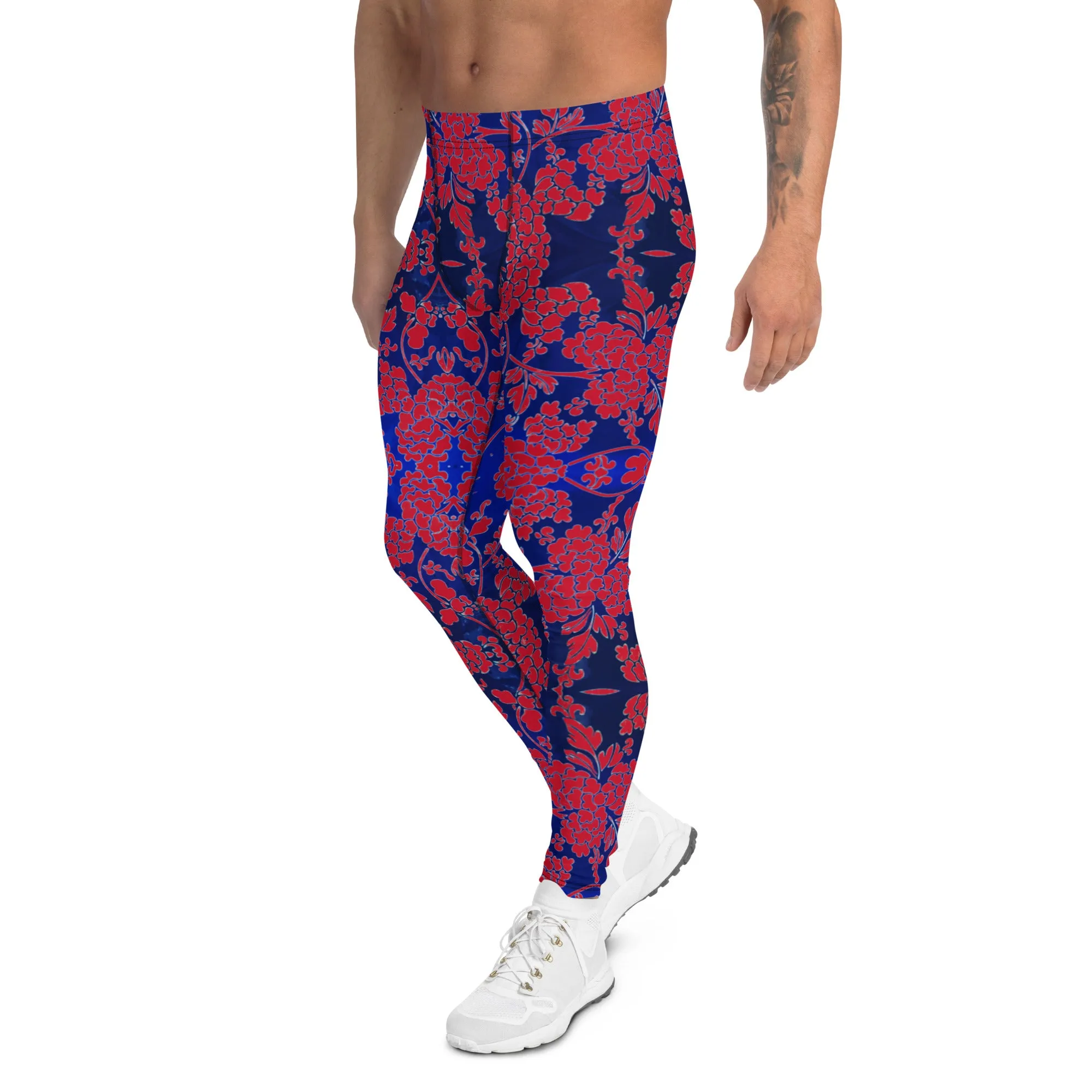 Red Blue Floral Men's Leggings, Best Blue and Red Oriental Style Floral Print Meggings Compression Tights - Made in USA/EU/MX