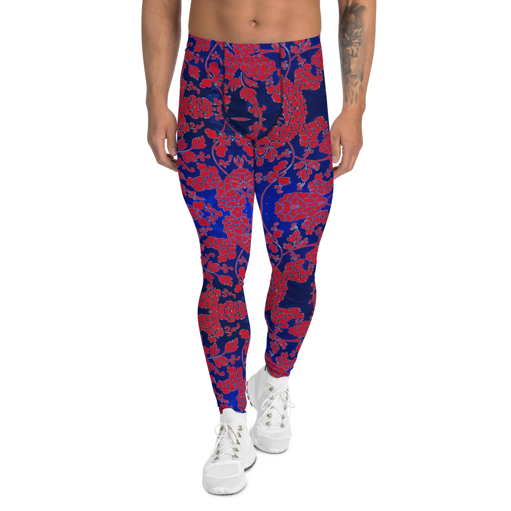 Red Blue Floral Men's Leggings, Best Blue and Red Oriental Style Floral Print Meggings Compression Tights - Made in USA/EU/MX