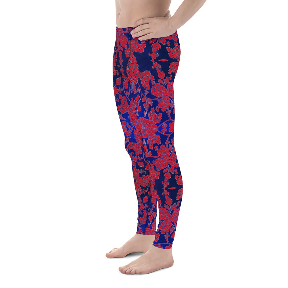 Red Blue Floral Men's Leggings, Best Blue and Red Oriental Style Floral Print Meggings Compression Tights - Made in USA/EU/MX