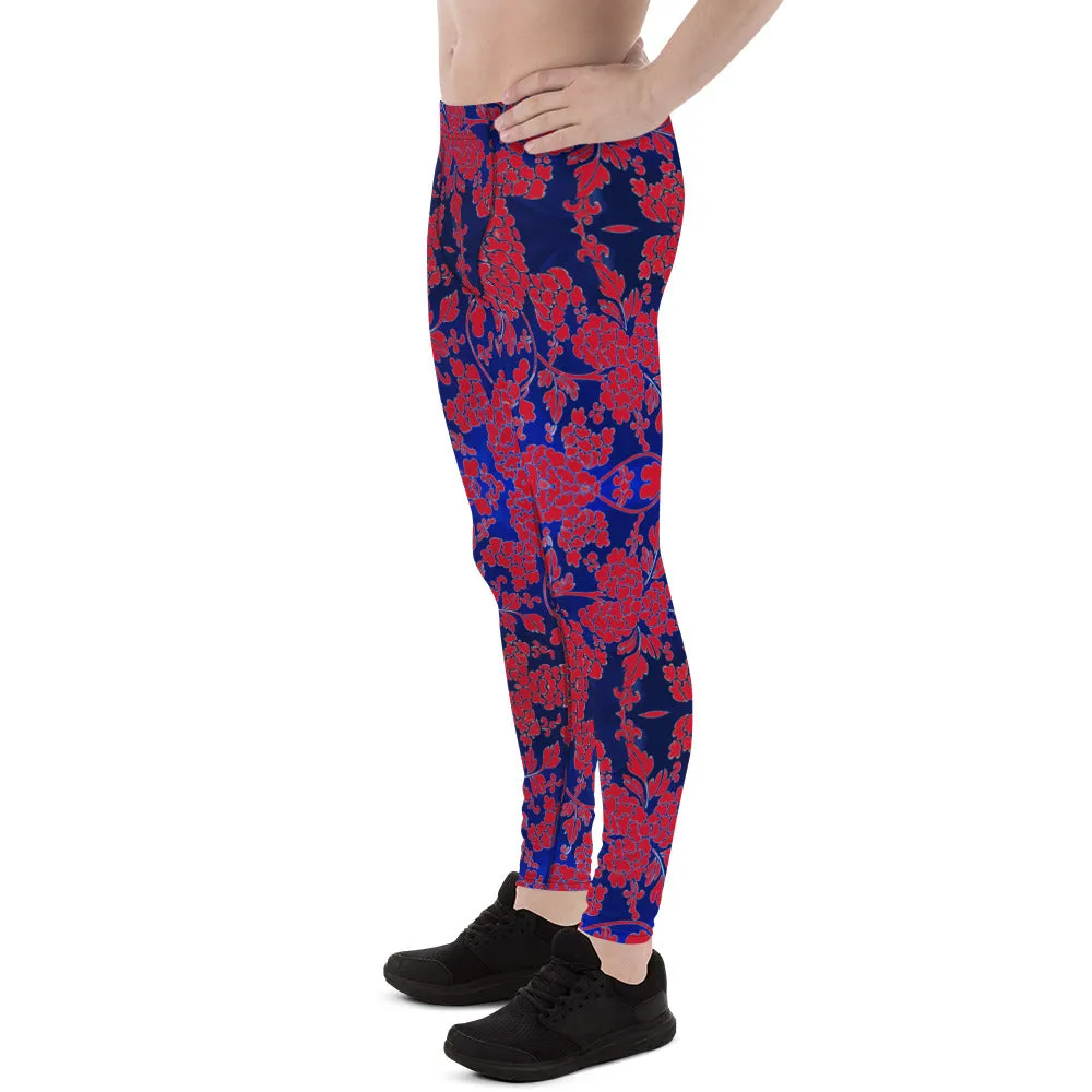 Red Blue Floral Men's Leggings, Best Blue and Red Oriental Style Floral Print Meggings Compression Tights - Made in USA/EU/MX