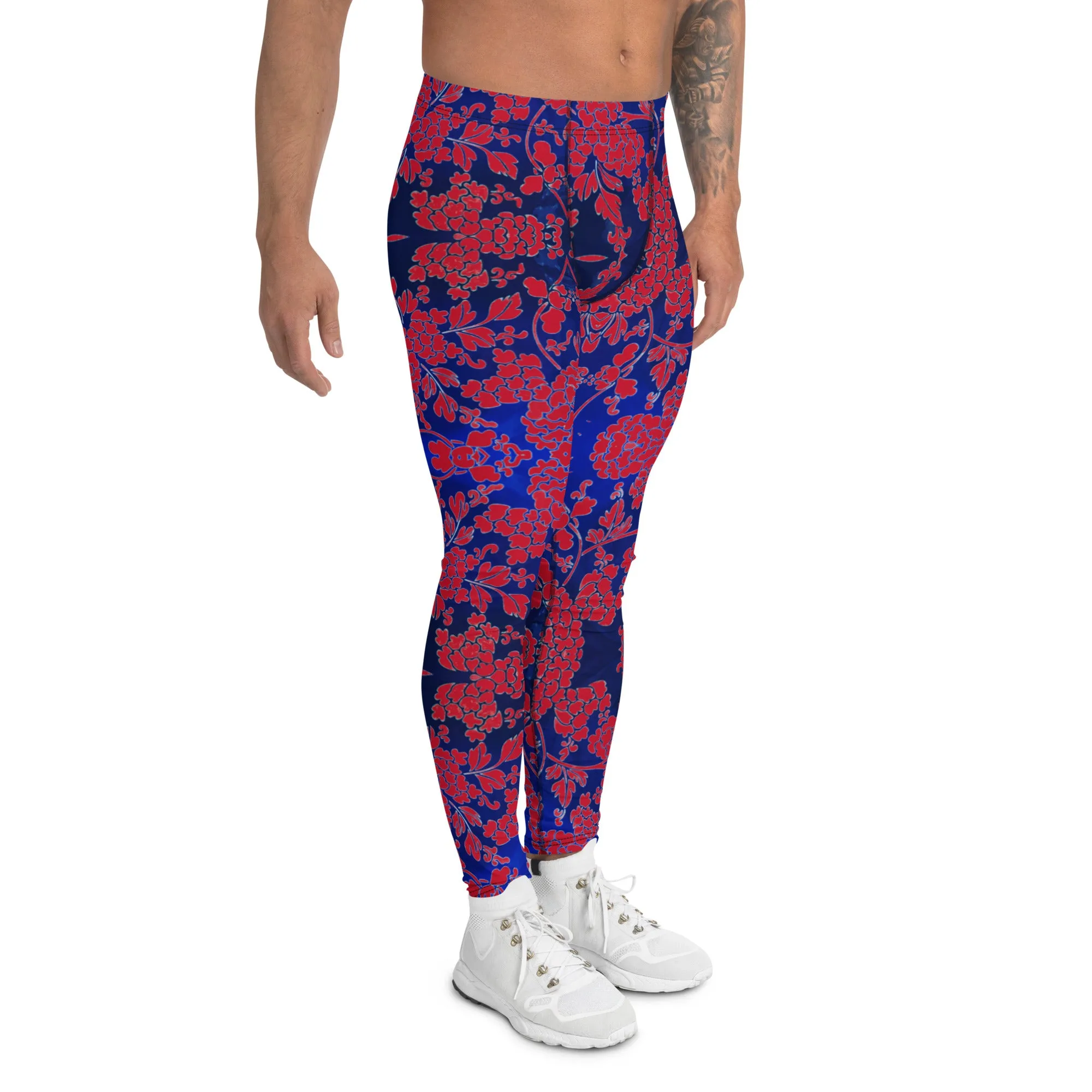 Red Blue Floral Men's Leggings, Best Blue and Red Oriental Style Floral Print Meggings Compression Tights - Made in USA/EU/MX