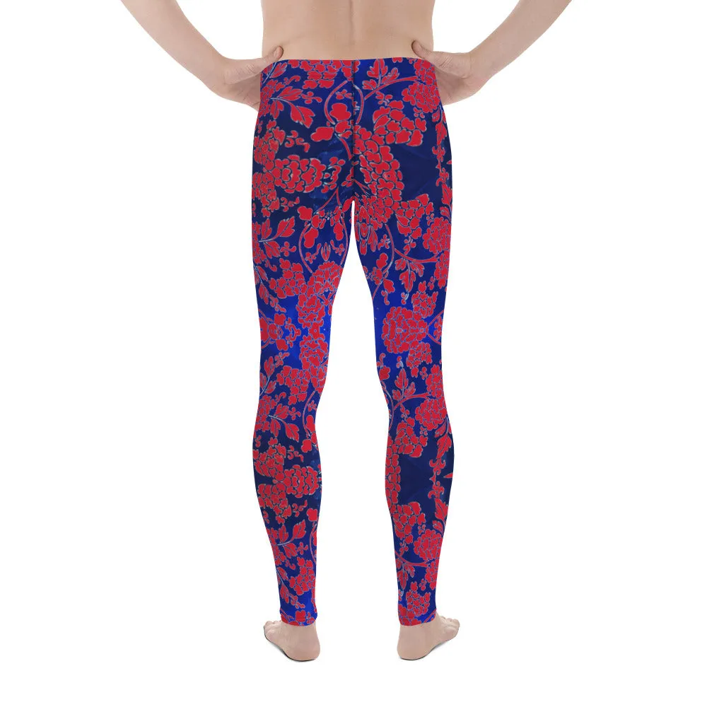 Red Blue Floral Men's Leggings, Best Blue and Red Oriental Style Floral Print Meggings Compression Tights - Made in USA/EU/MX