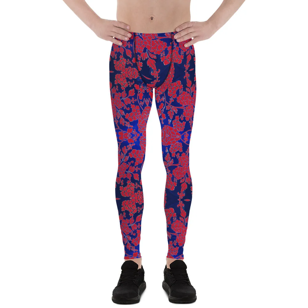 Red Blue Floral Men's Leggings, Best Blue and Red Oriental Style Floral Print Meggings Compression Tights - Made in USA/EU/MX