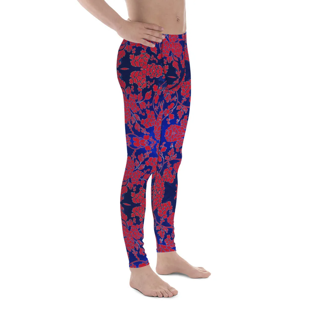 Red Blue Floral Men's Leggings, Best Blue and Red Oriental Style Floral Print Meggings Compression Tights - Made in USA/EU/MX