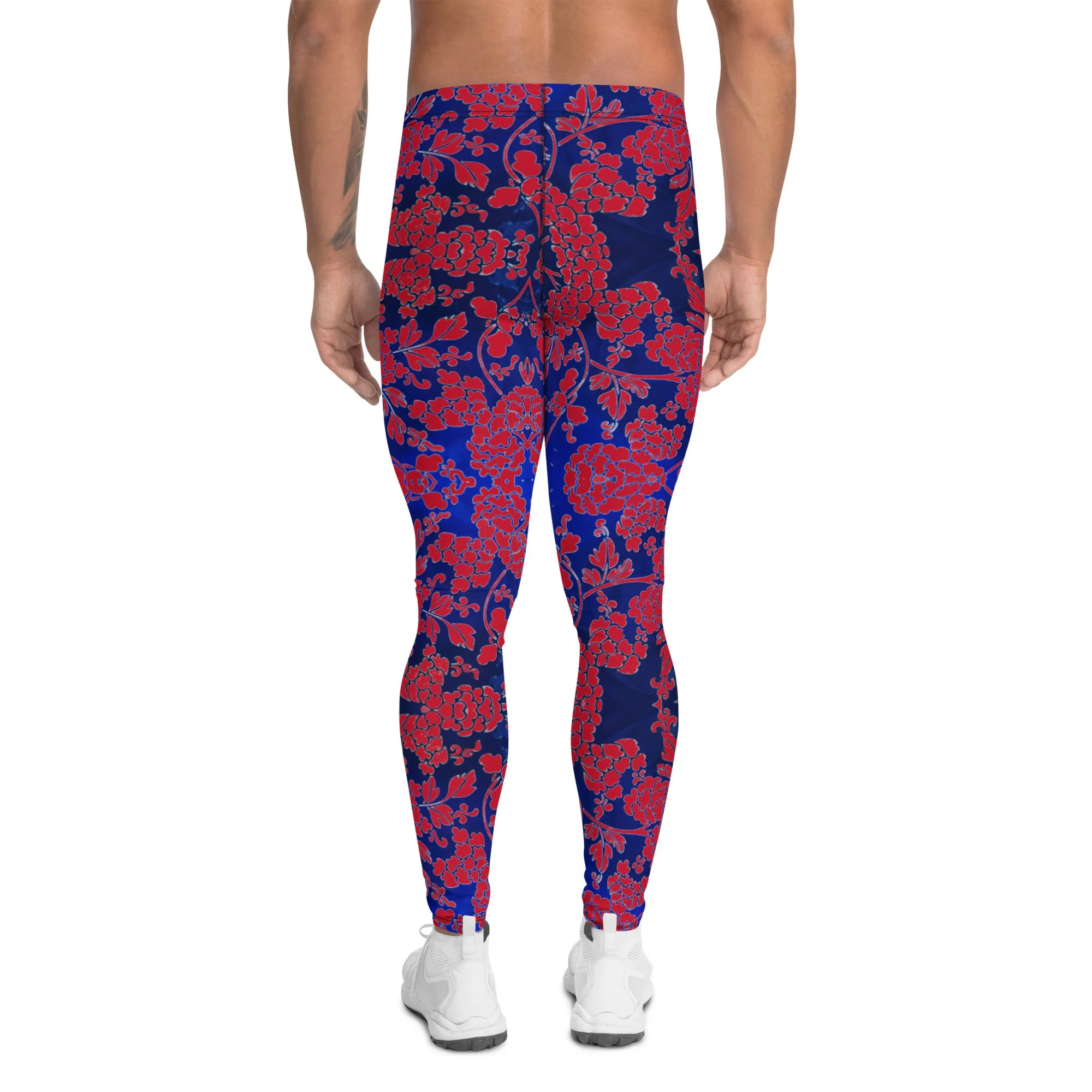 Red Blue Floral Men's Leggings, Best Blue and Red Oriental Style Floral Print Meggings Compression Tights - Made in USA/EU/MX