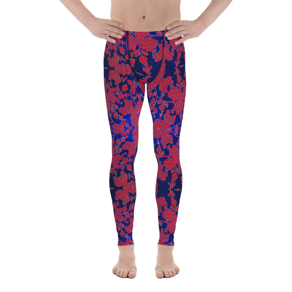 Red Blue Floral Men's Leggings, Best Blue and Red Oriental Style Floral Print Meggings Compression Tights - Made in USA/EU/MX