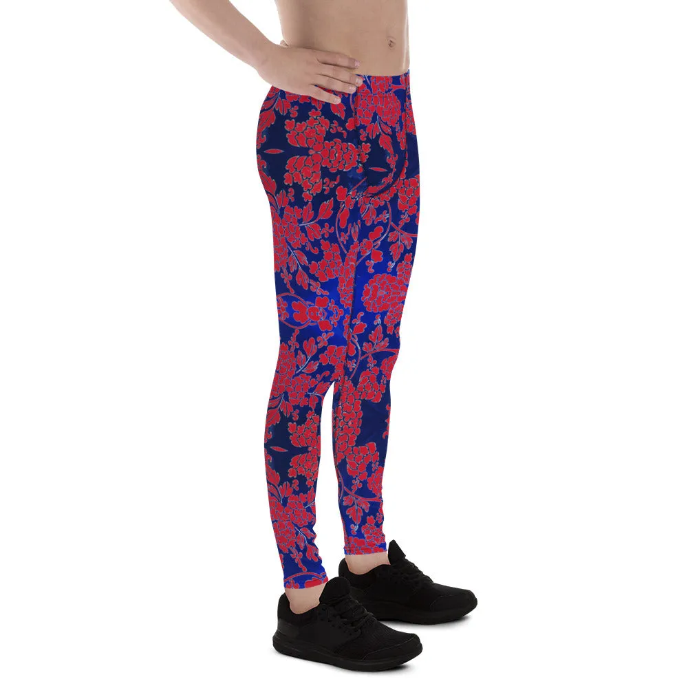 Red Blue Floral Men's Leggings, Best Blue and Red Oriental Style Floral Print Meggings Compression Tights - Made in USA/EU/MX