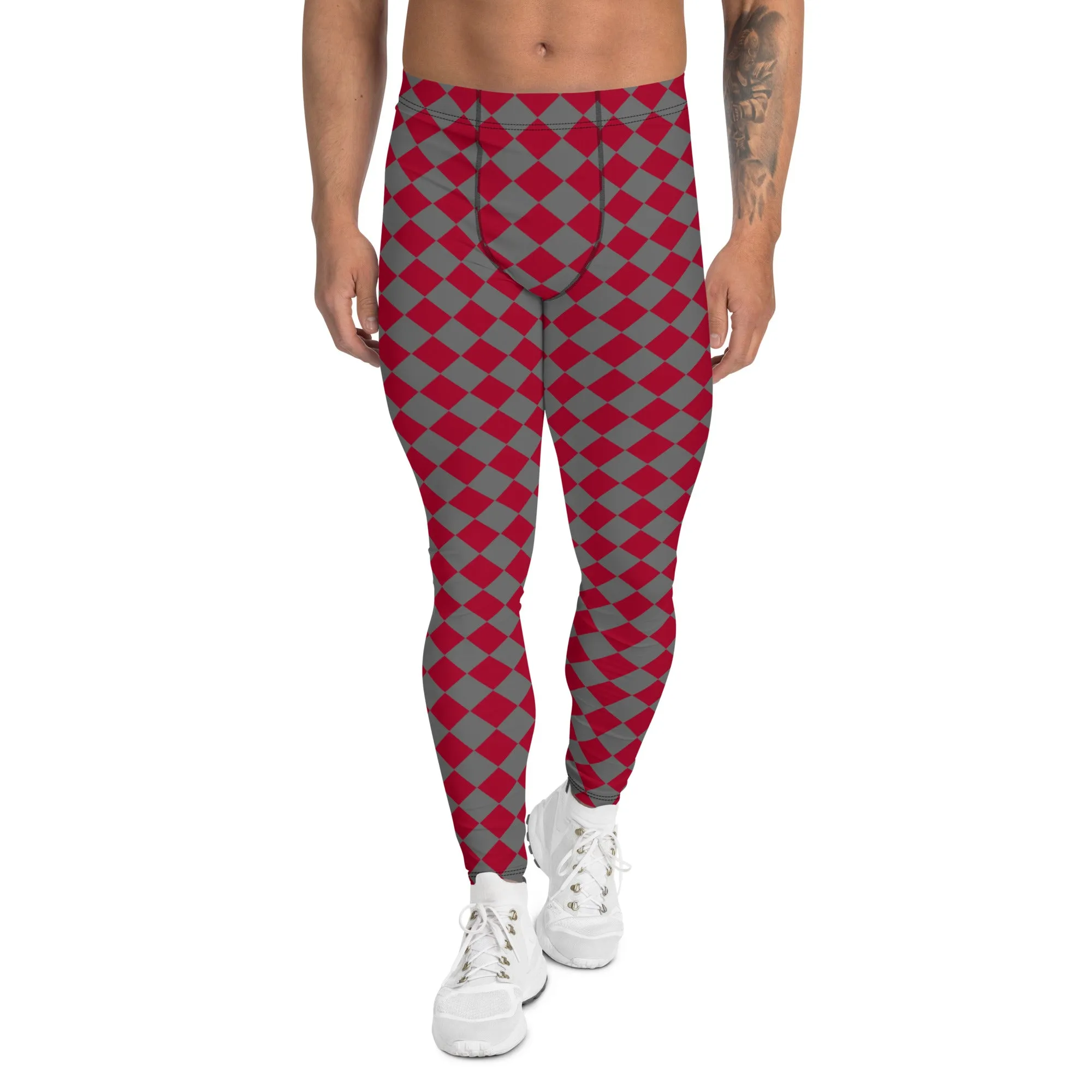 Red Checkered Red Men's Leggings, Check Pants Men, Men's Plaid Pants, Checkered Pants - Made in USA/EU/MX