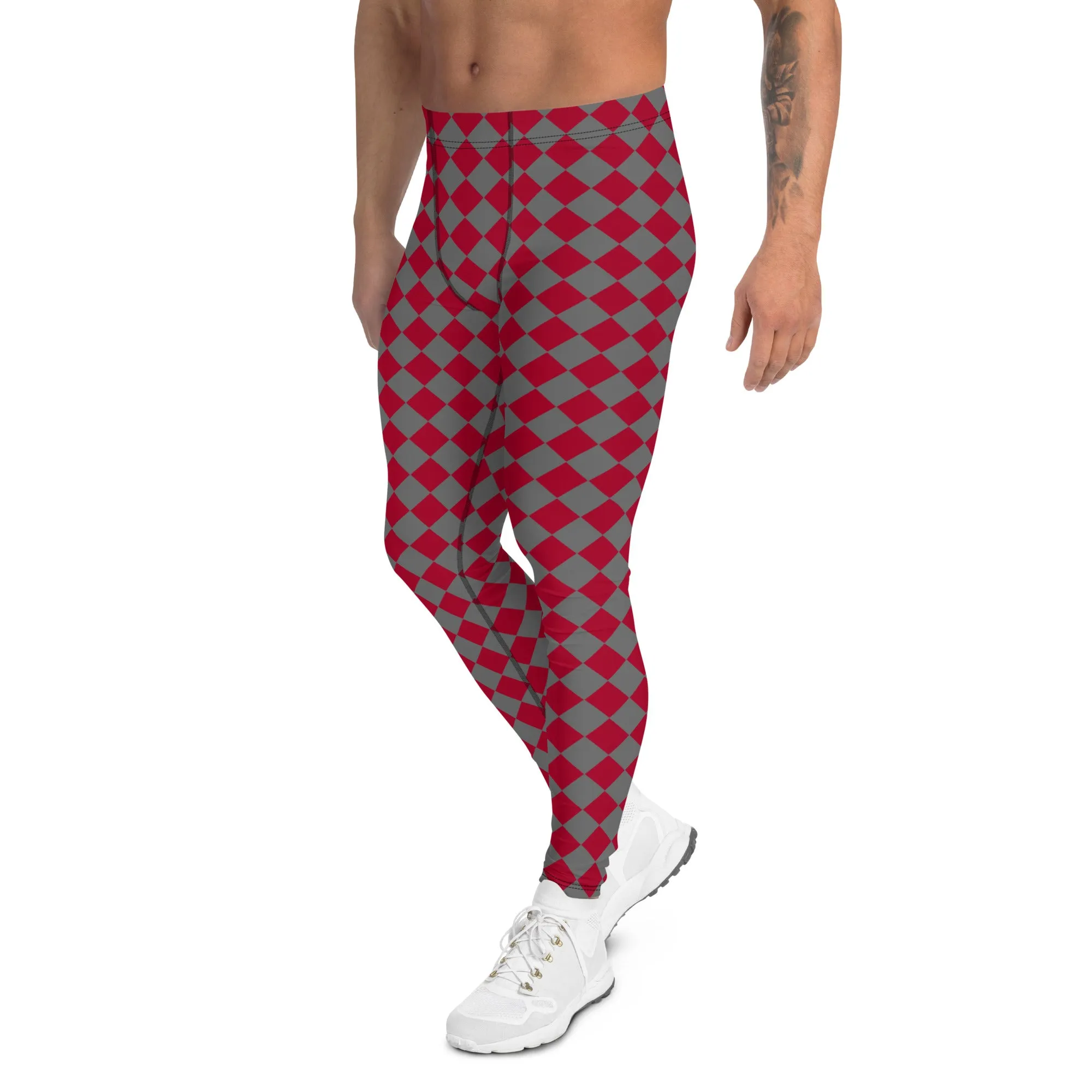 Red Checkered Red Men's Leggings, Check Pants Men, Men's Plaid Pants, Checkered Pants - Made in USA/EU/MX