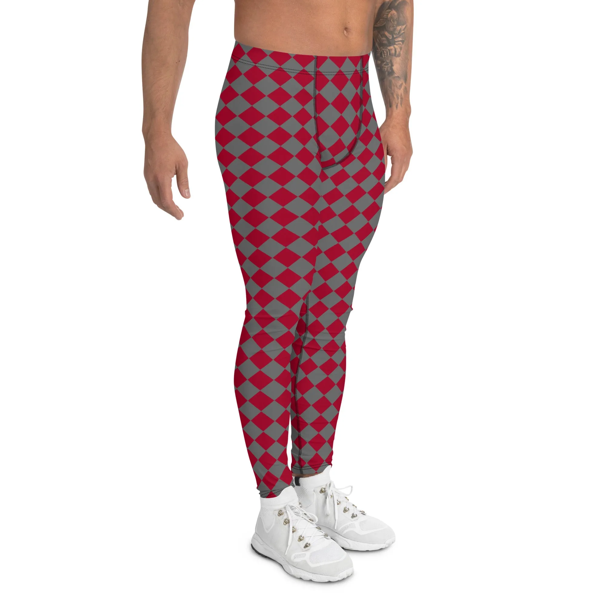 Red Checkered Red Men's Leggings, Check Pants Men, Men's Plaid Pants, Checkered Pants - Made in USA/EU/MX