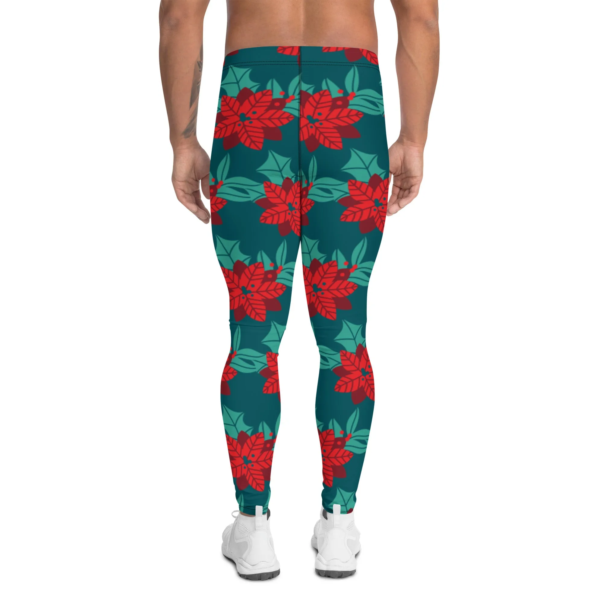 Red Christmas Flower Men's Leggings, Green & Red Xmas Flower Designer Men's Leggings-Made in USA/MX/EU