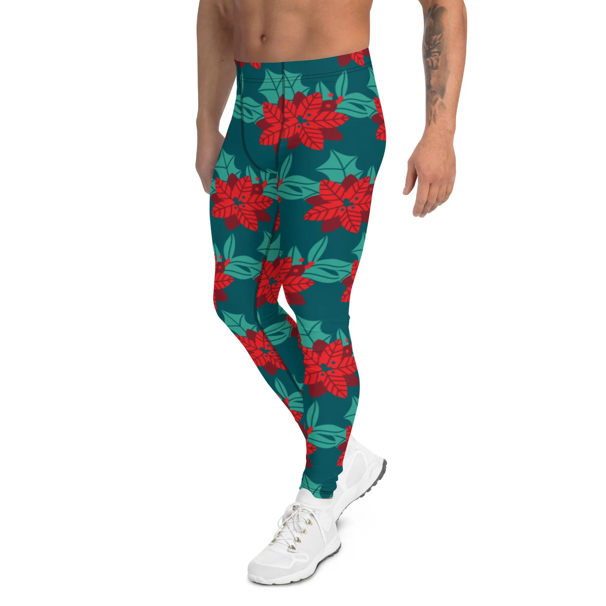 Red Christmas Flower Men's Leggings, Green & Red Xmas Flower Designer Men's Leggings-Made in USA/MX/EU