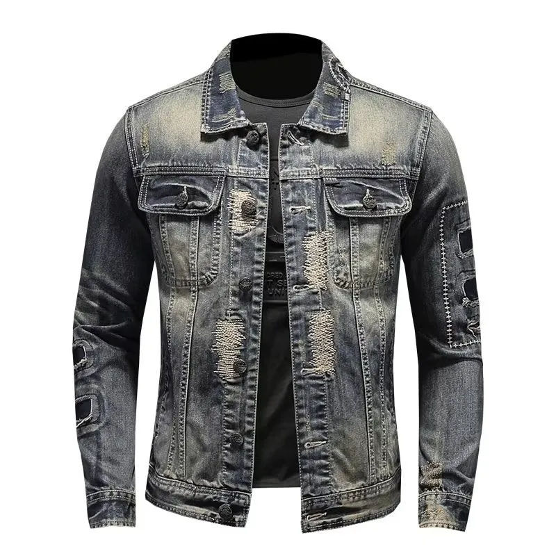 Retro Distressed Men's Denim Coat for Spring and Autumn