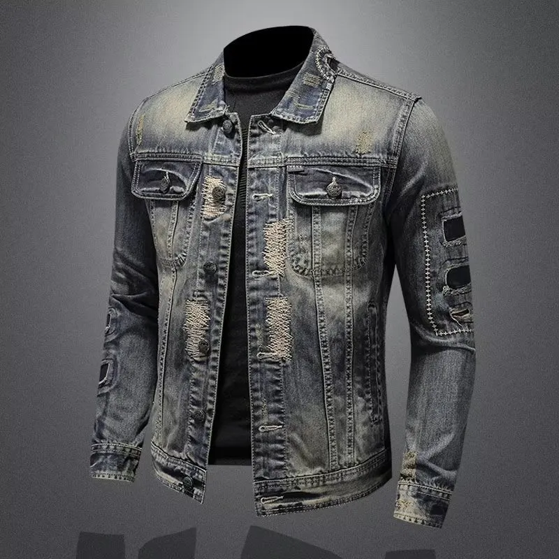 Retro Distressed Men's Denim Coat for Spring and Autumn