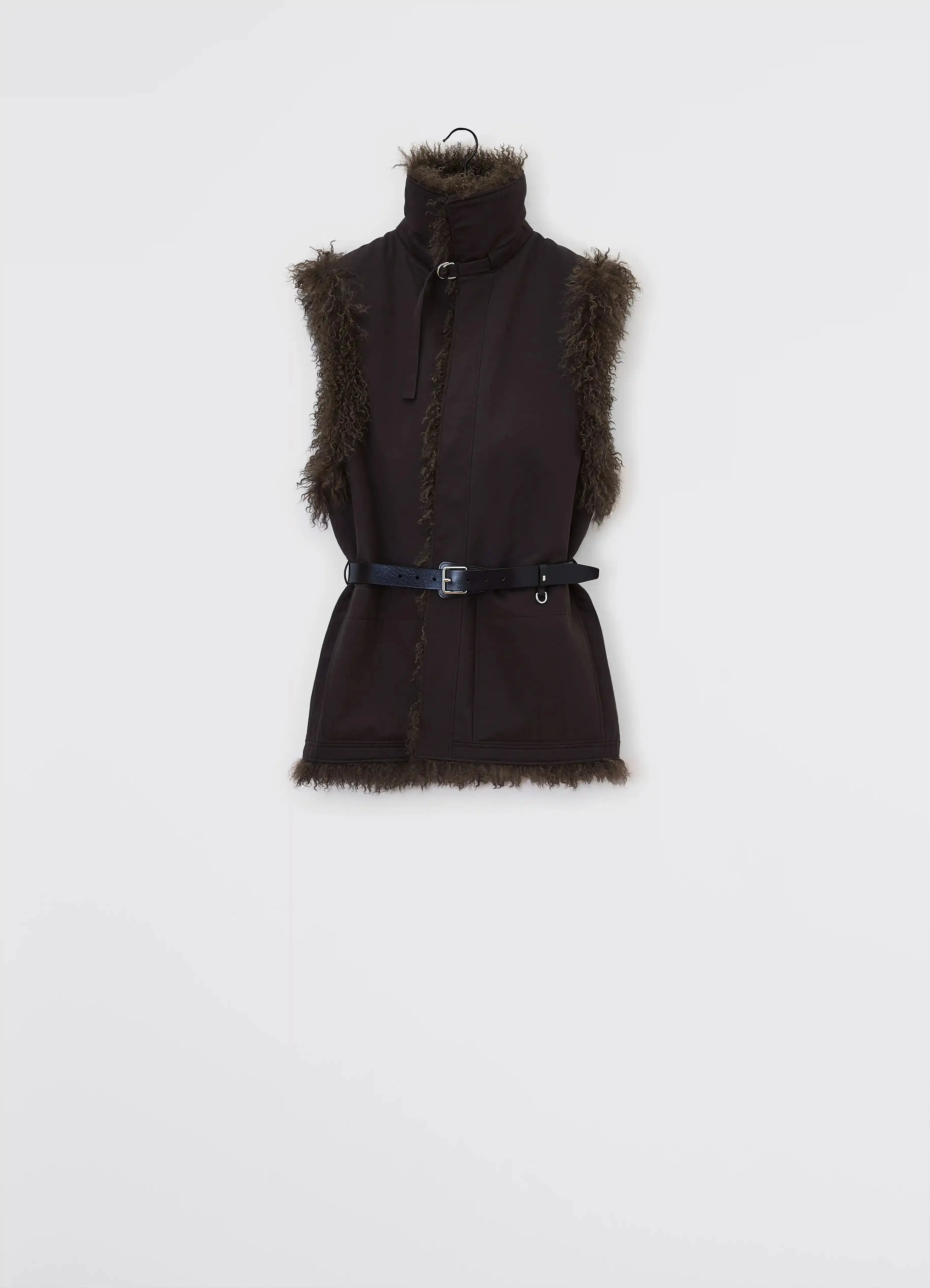 REVERSIBLE BELTED LONG SHEARLING GILET