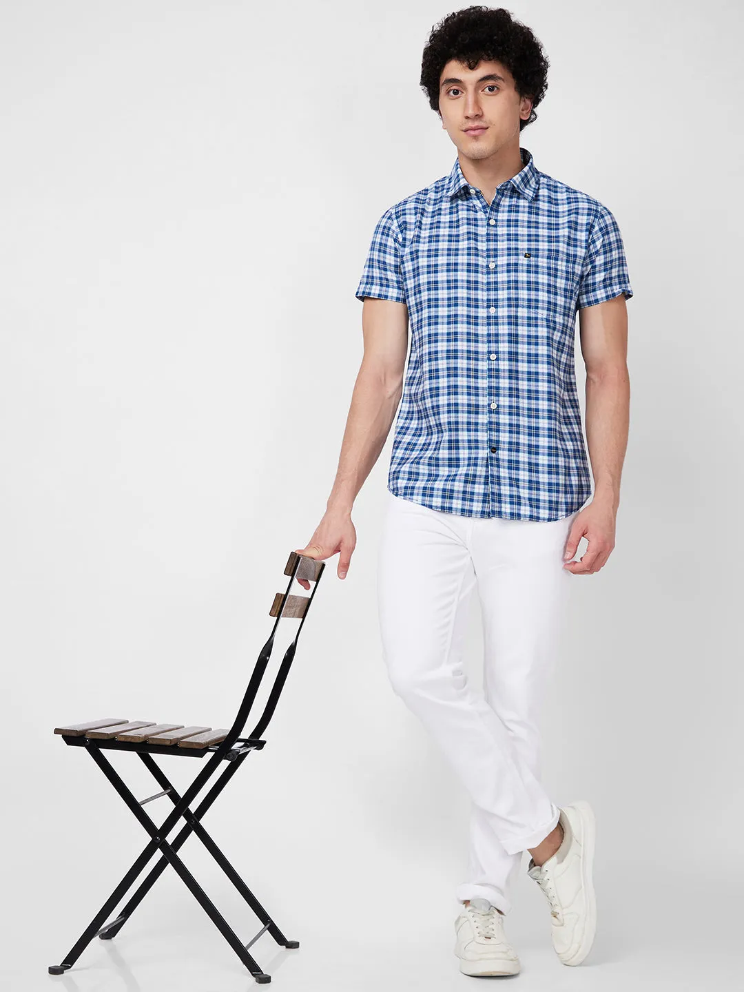 Spykar Blue CHECKED HALF SLEEVE Shirt For Men