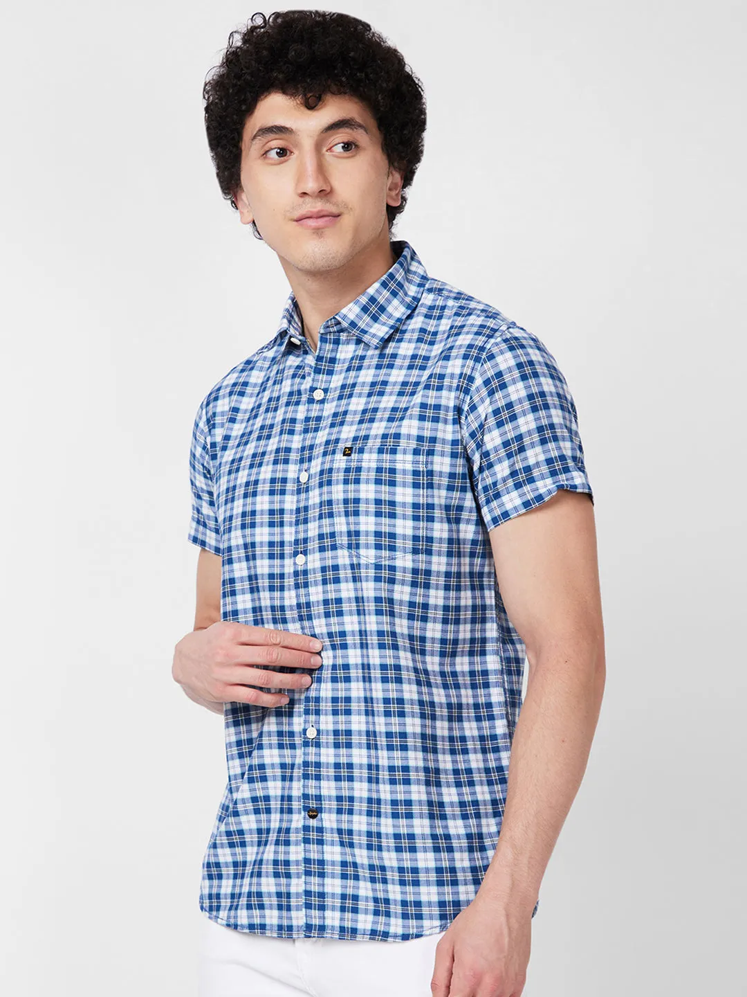 Spykar Blue CHECKED HALF SLEEVE Shirt For Men