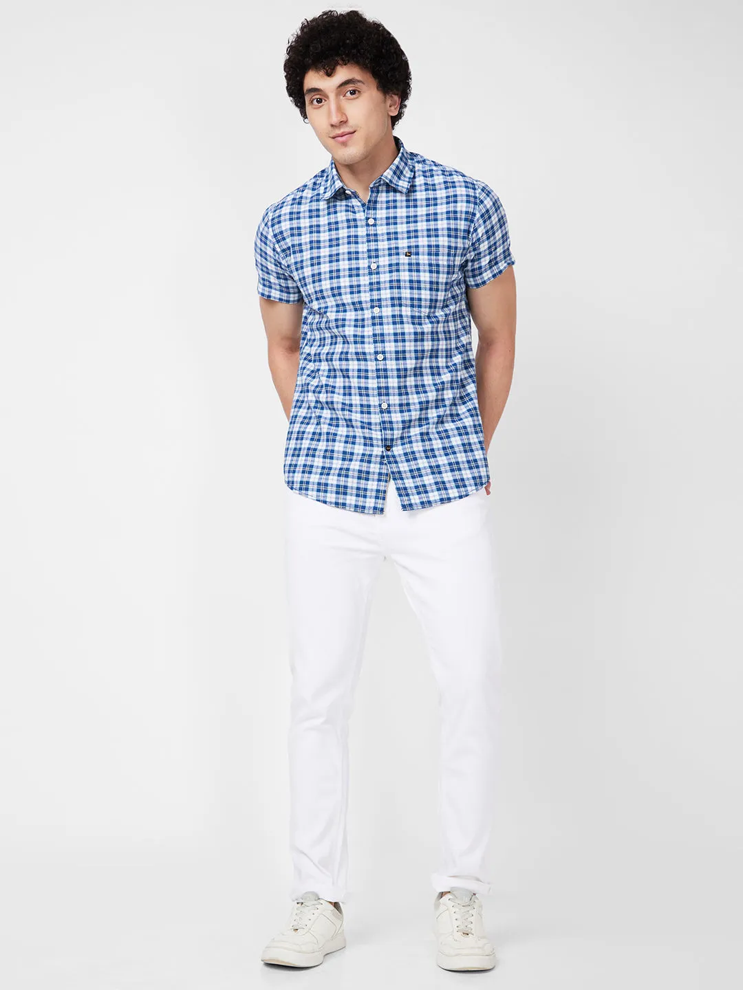 Spykar Blue CHECKED HALF SLEEVE Shirt For Men