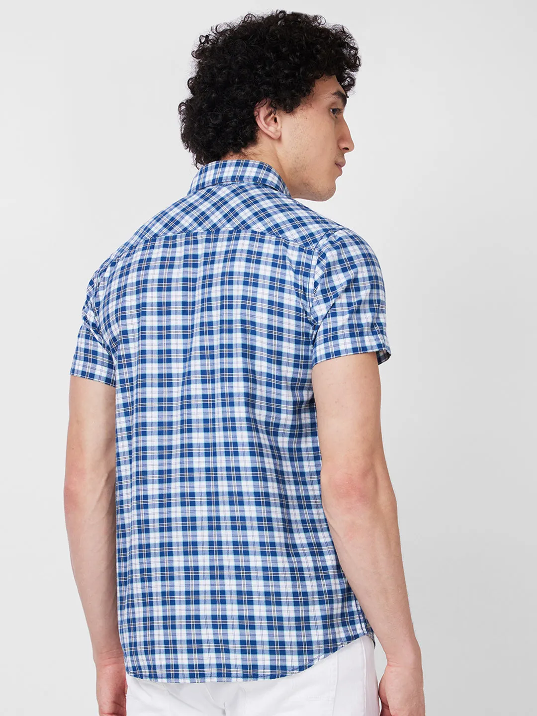 Spykar Blue CHECKED HALF SLEEVE Shirt For Men