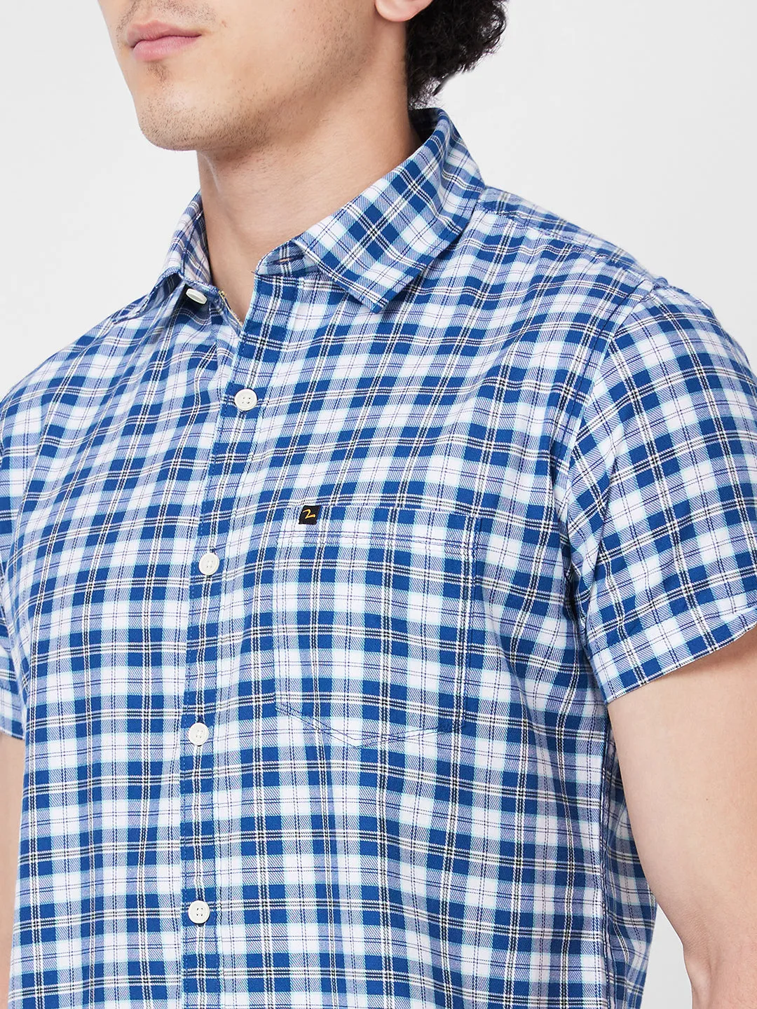 Spykar Blue CHECKED HALF SLEEVE Shirt For Men