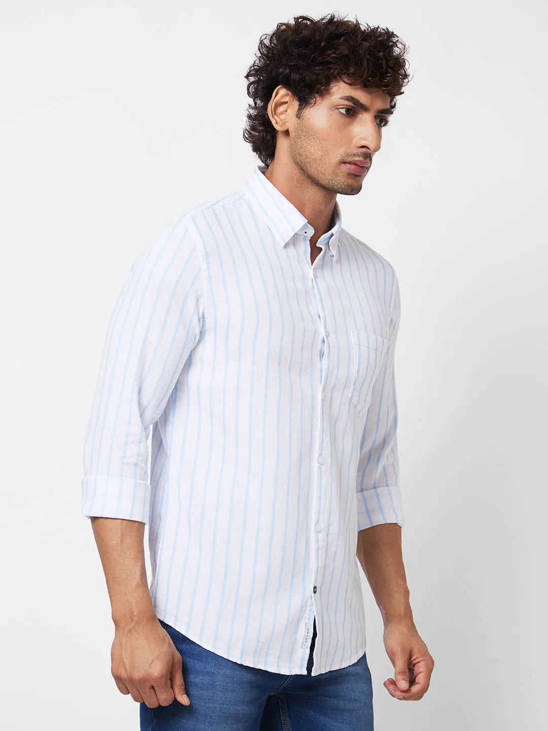 Spykar Blue STRIPED FULL SLEEVE Shirt For Men