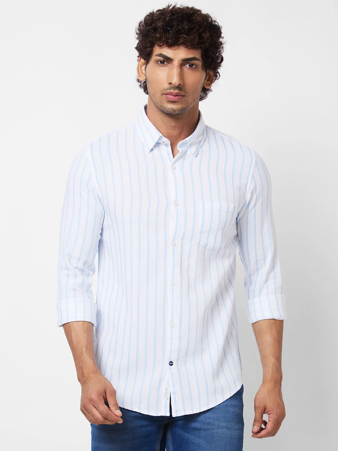 Spykar Blue STRIPED FULL SLEEVE Shirt For Men