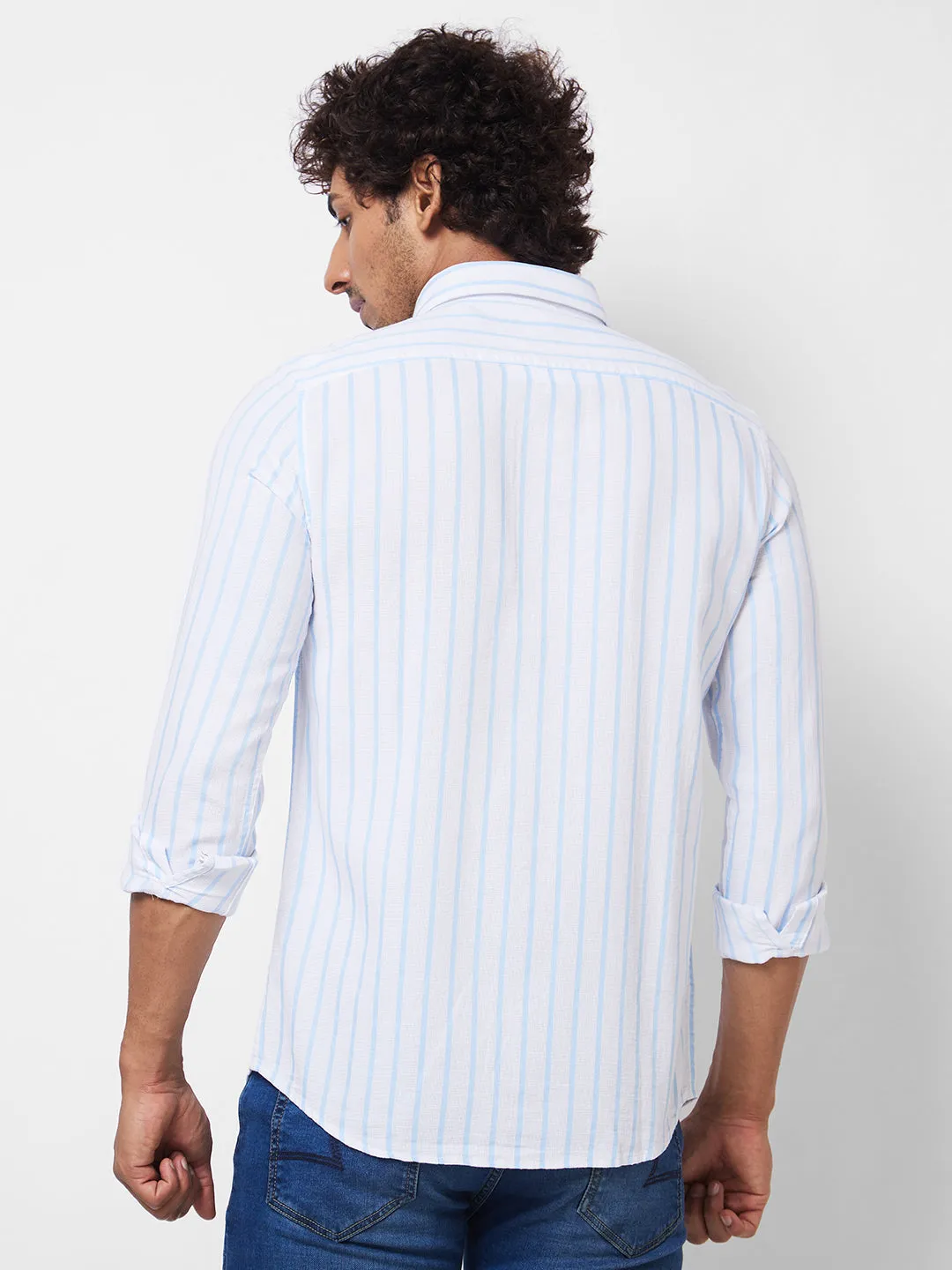 Spykar Blue STRIPED FULL SLEEVE Shirt For Men