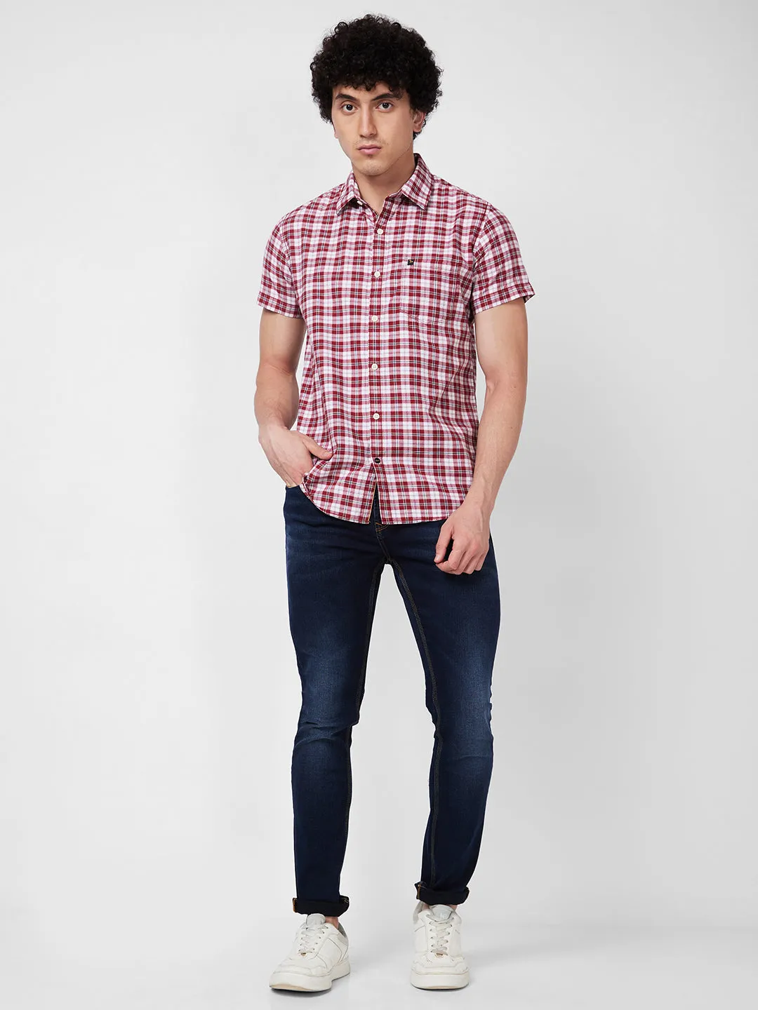 Spykar Red CHECKED HALF SLEEVE Shirt For Men