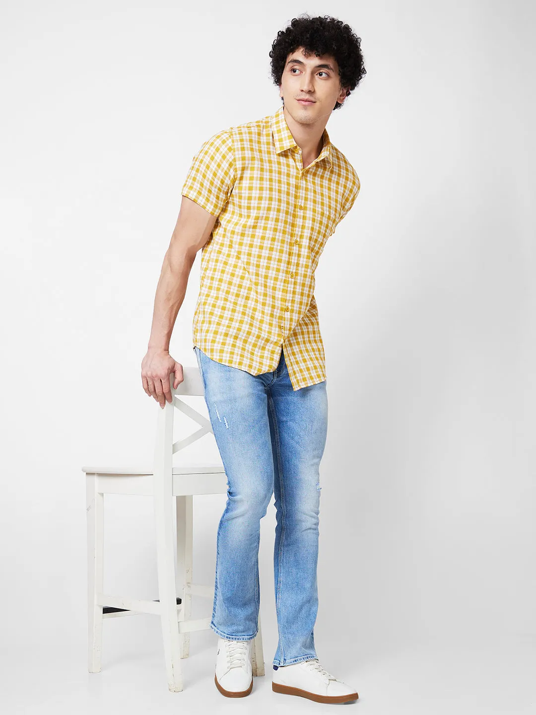 Spykar Yellow CHECKED HALF SLEEVE Shirt For Men