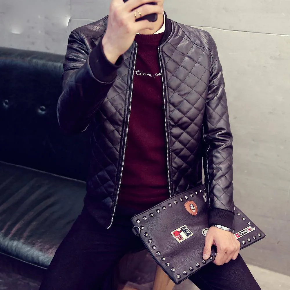 Stiched Style PU Leather Men Slim Fit Bomber Jacket