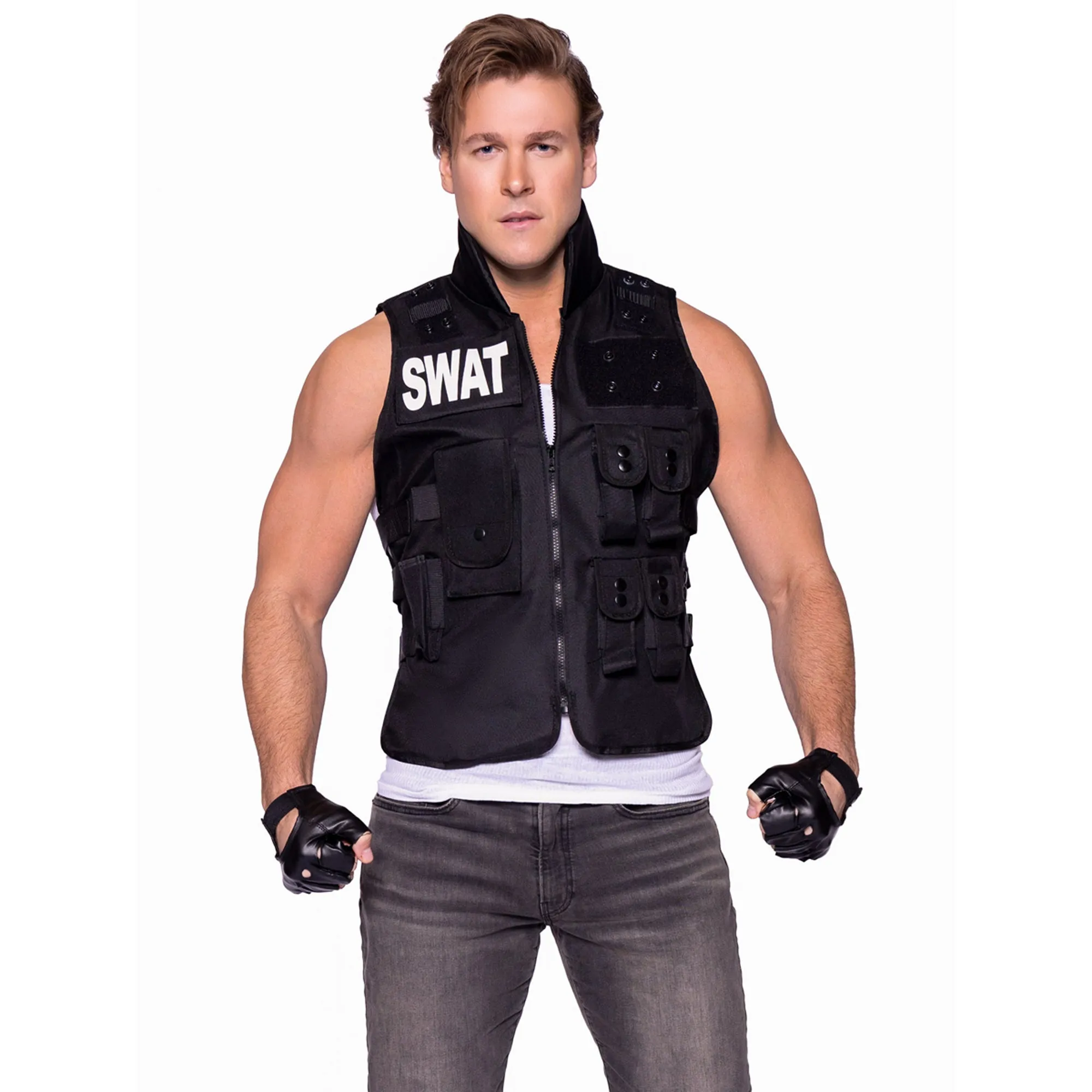 SWAT Costume for Adults, Black Vest with Gloves