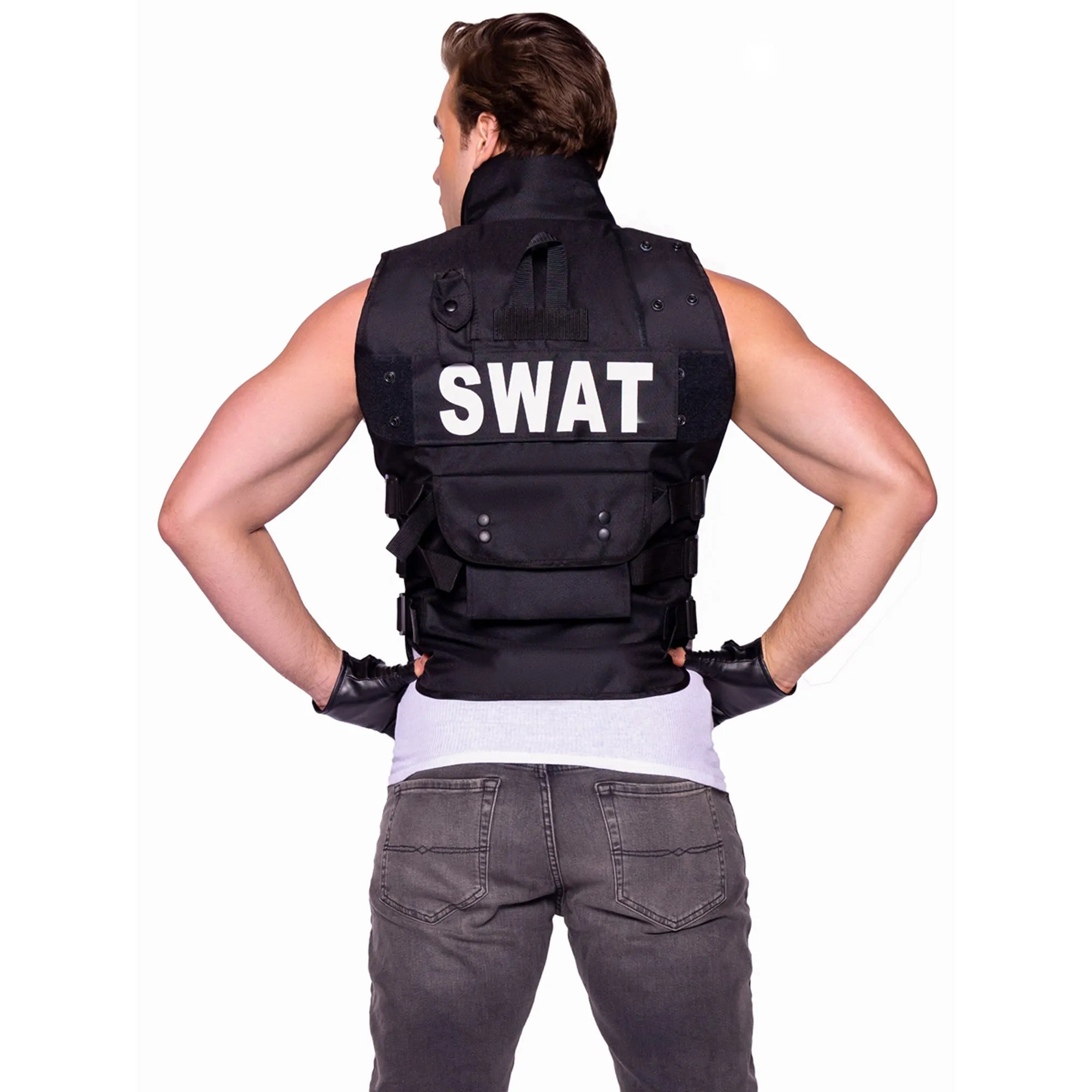 SWAT Costume for Adults, Black Vest with Gloves