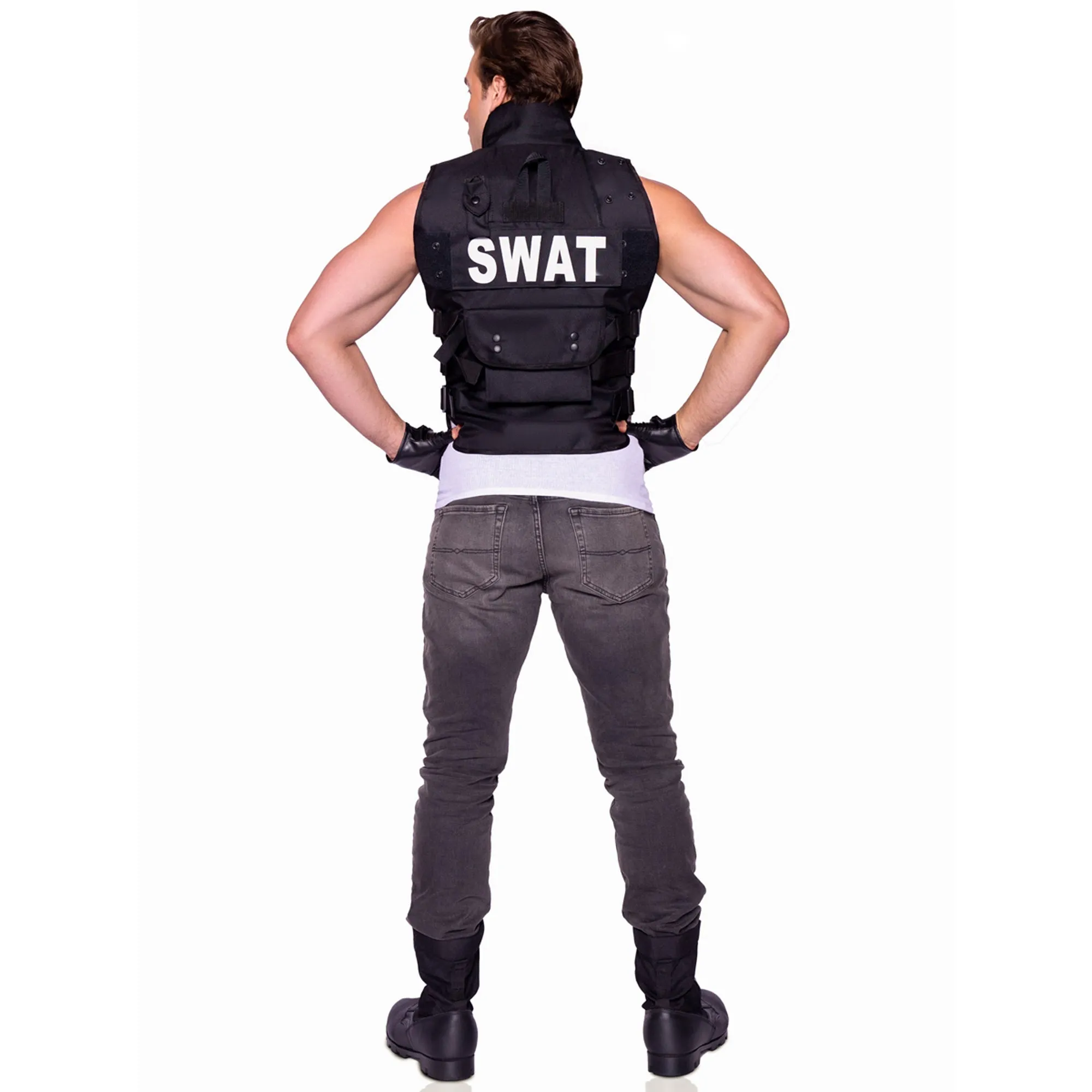 SWAT Costume for Adults, Black Vest with Gloves