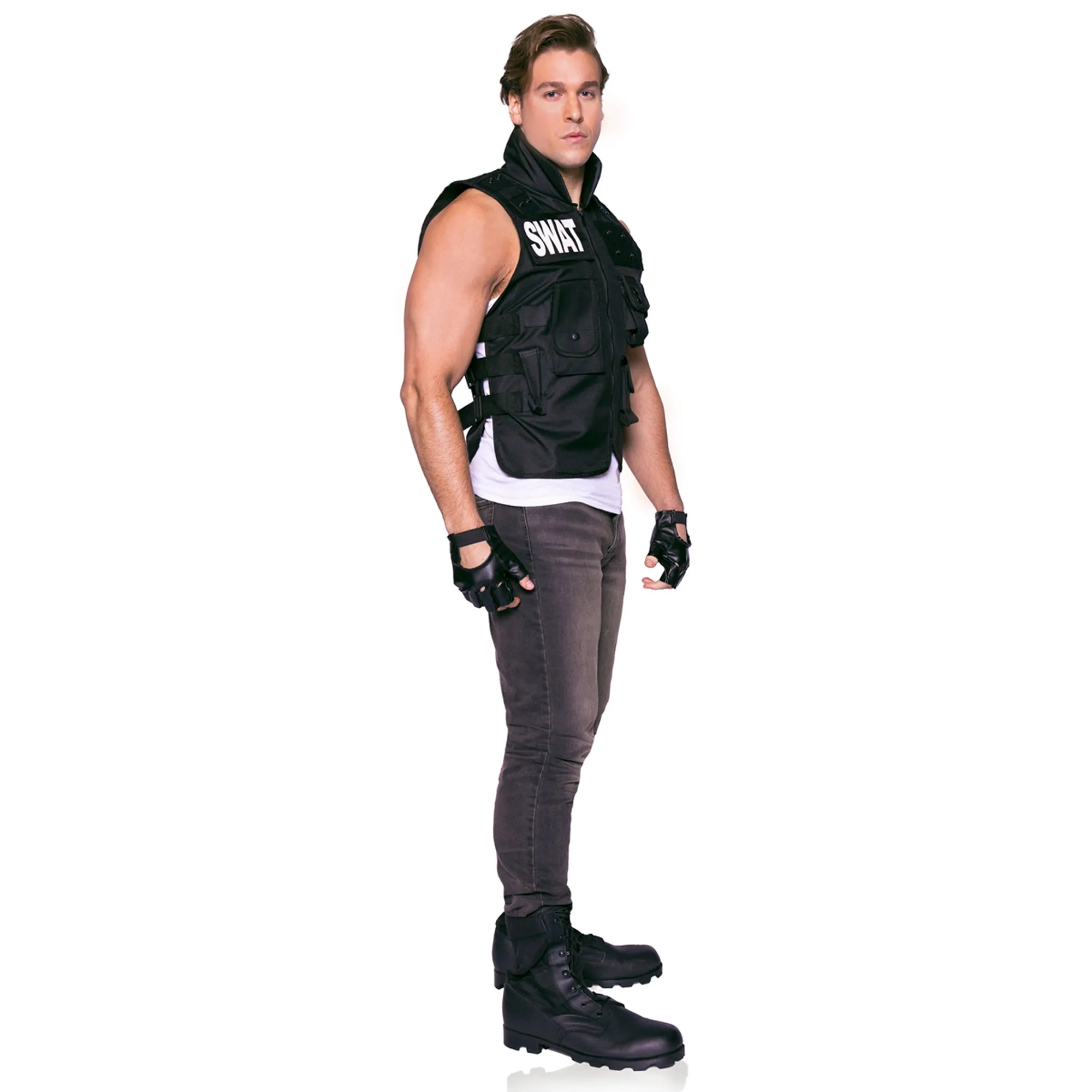 SWAT Costume for Adults, Black Vest with Gloves